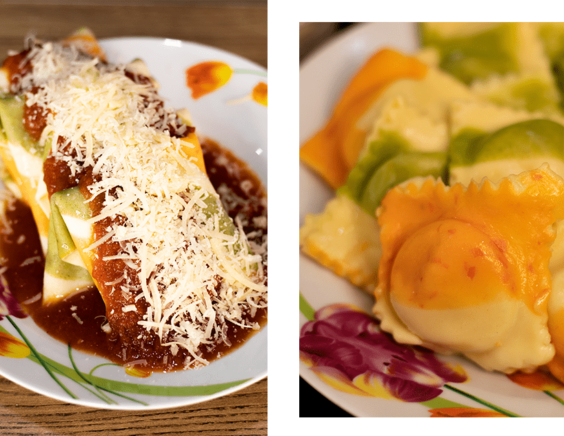 Um Raviolli de mussarela búfala com Raspa de limão siciliano e outro prato com Raviolli ao molho sugo e parmesão da casa de massas artesanais na mooca Pastifício Raviollini